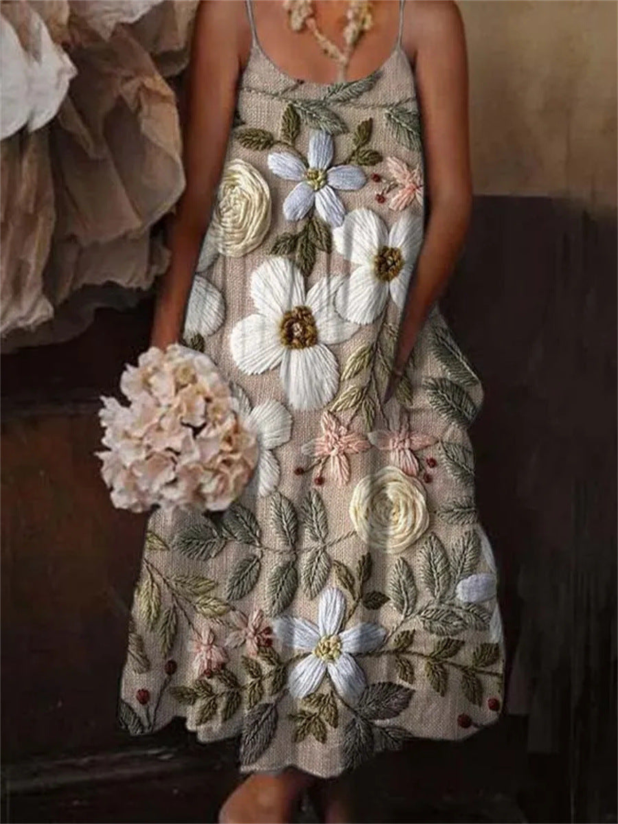 đș European & American Style Floral Art Print Sling Holiday Dress