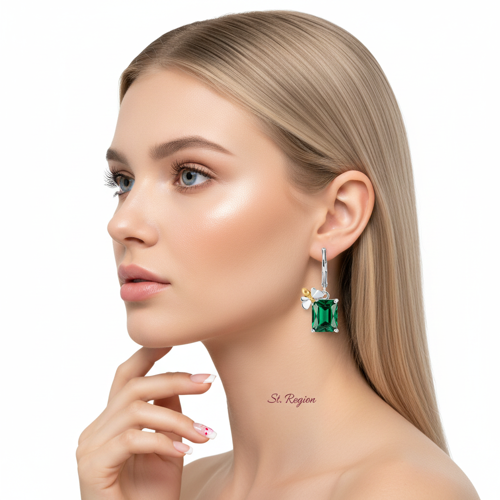 Green Crystal & Two Tone Sqaure Bee Huggie Earrings