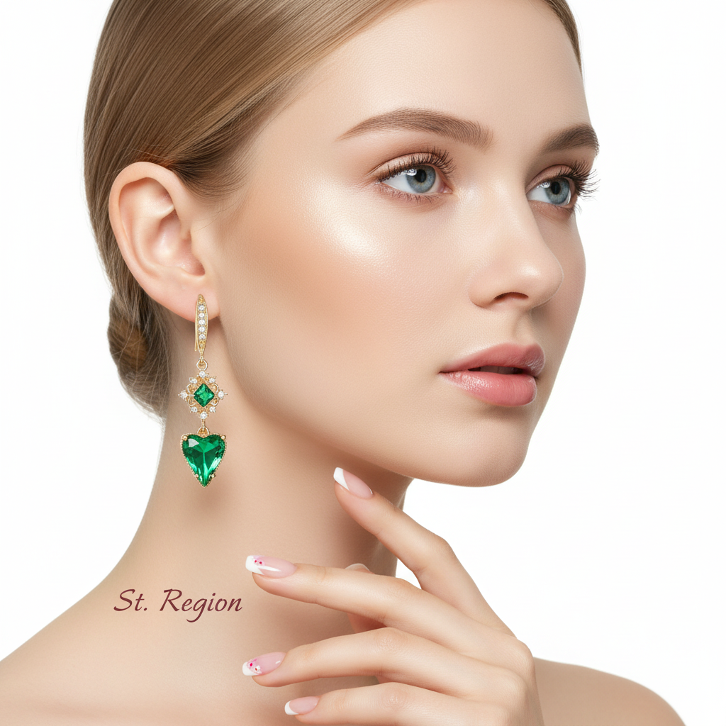 Green Crystal & Cubic Zirconia Goldtone Rhombus Heart Hook Earrings