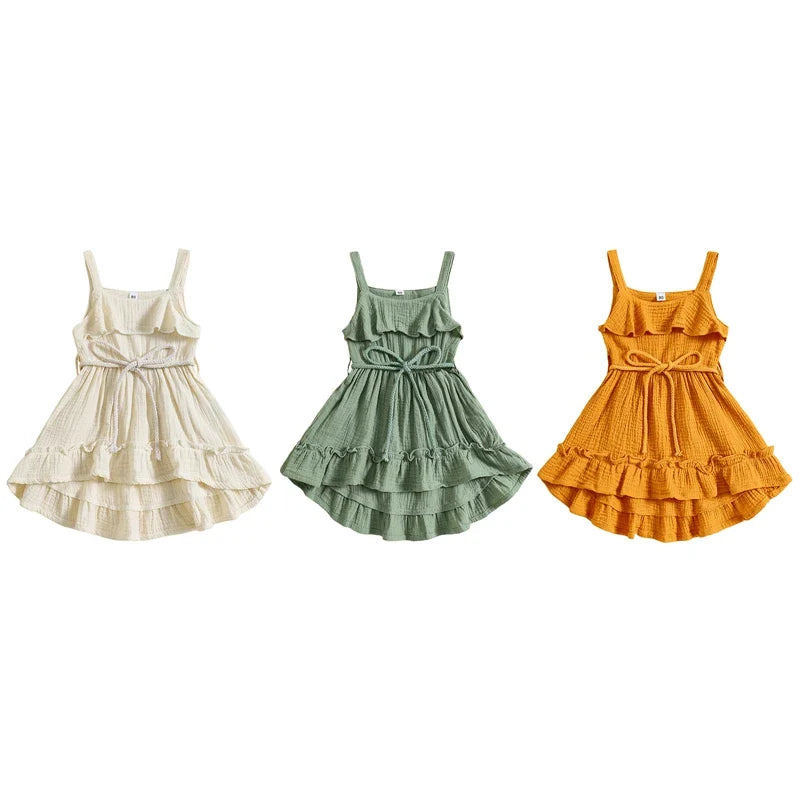Baby Toddler Girls Summer Dress Casual Sleeveless Tank Square Neck Tie Belt A-Line Dress Mustard / 2-3Y / United States