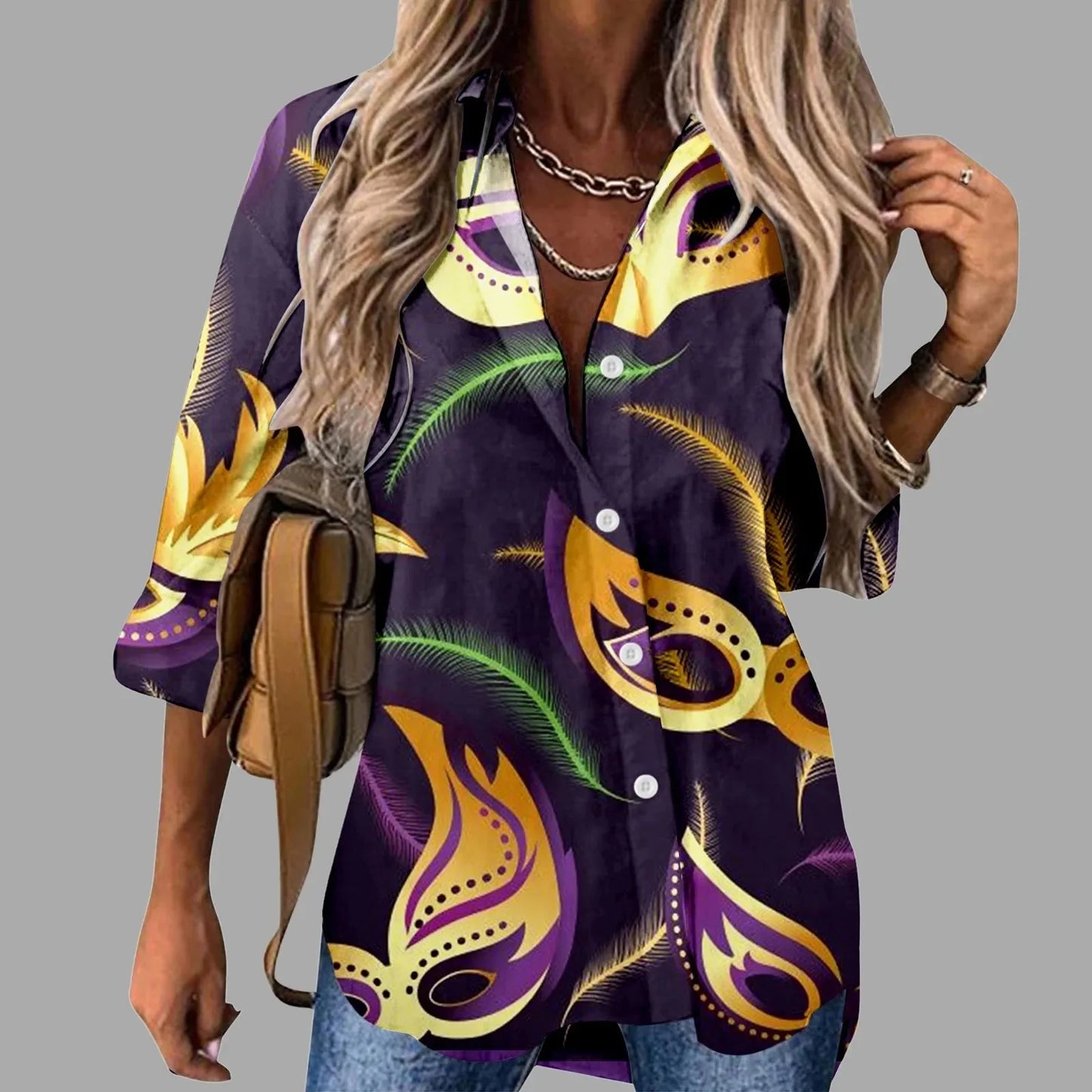 đ Mardi Gras Women's V-Neck Long Sleeve Carnival Print Shirt