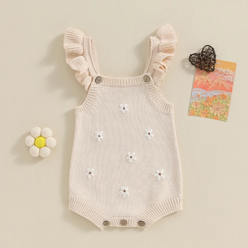 infant summer rompers Baby Toddler Girls Knitted Romper Spring Summer Ruffles Floral Embroidery Flowers Jumpsuits Playsuits Clothes Beige / United States / 0-3M
