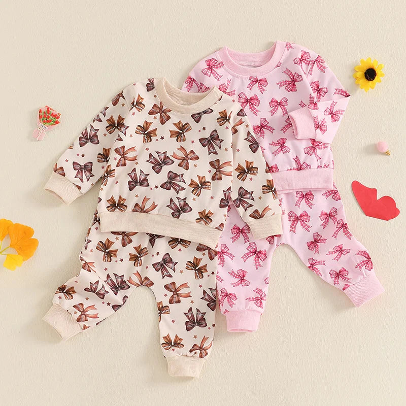 baby jogger outfit Baby Toddler Girls 2Pcs Fall Jogger Set Long Sleeve O Neck Bow Print Top Drawstring Pants Outfit Pink / 18-24M / United States