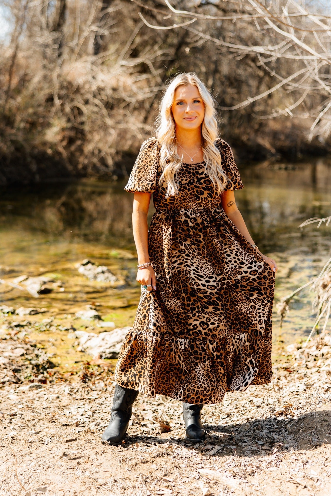 flowy leopard dress Puff Sleeve Midi Dress, casual animal print dresses
