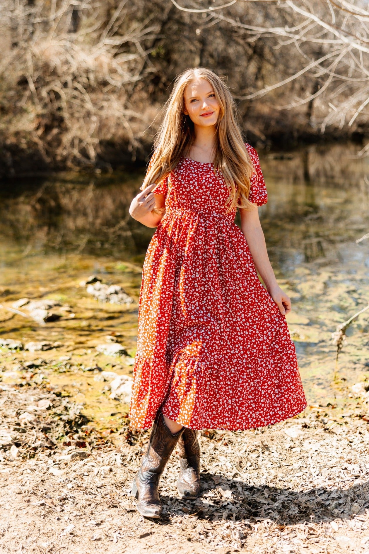 flowy puff sleeve midi dress Womens dresses