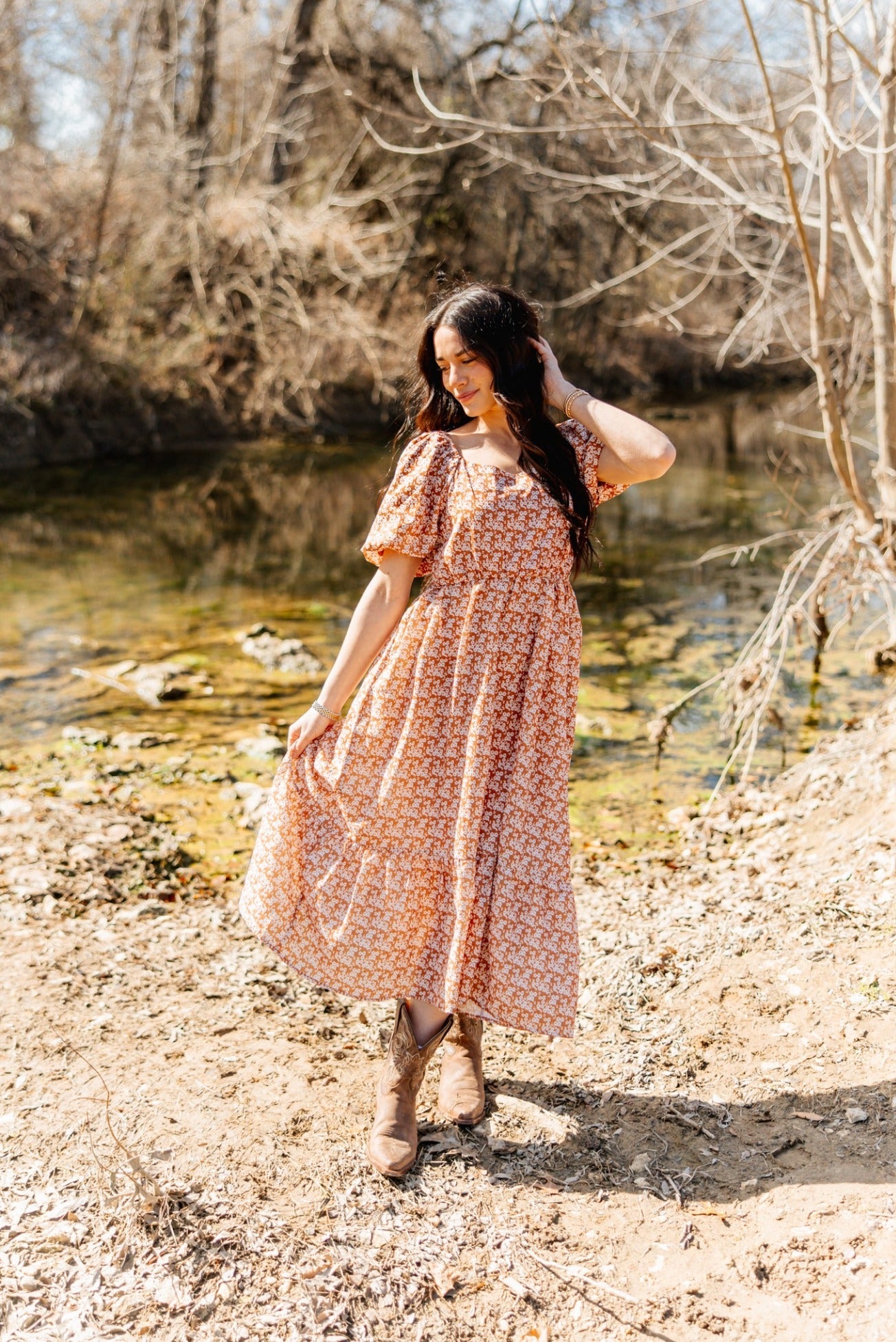 women's flowy midi dress Puff Sleeve Dress, Rust Floral Rust / S STYLE:A05263003 Hand wash. Gala Dress The reception of your
