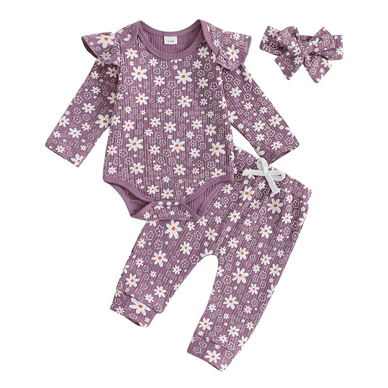 Baby Girl 3Pcs Spring Fall Outfit Floral Print Long Frill Sleeve Romper Long Flower Pants Headband Set