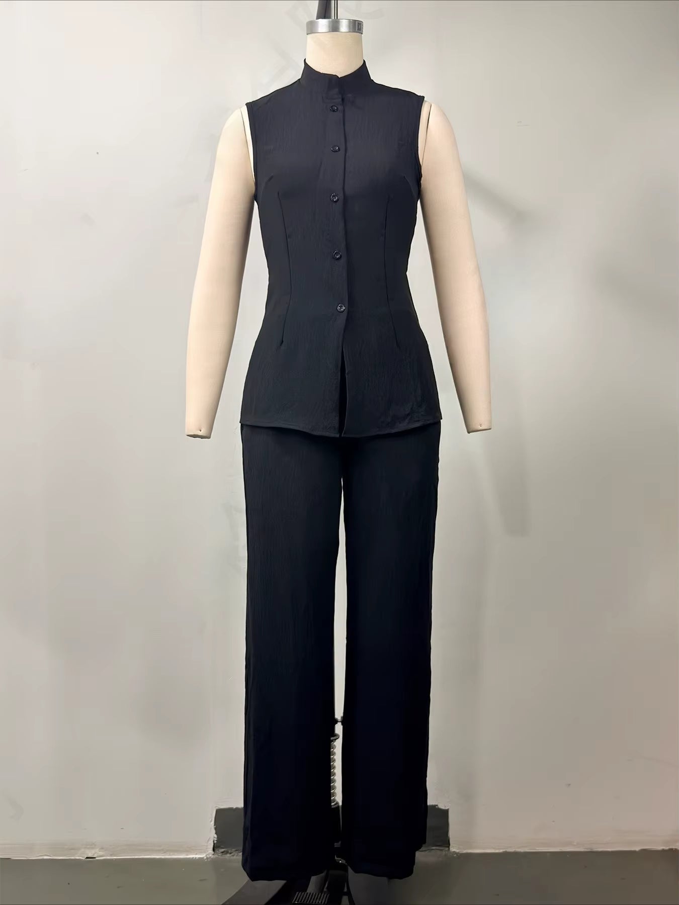Women's Stand Collar Longline Vest Top & Wide-Leg Trousers Two-Piece Set