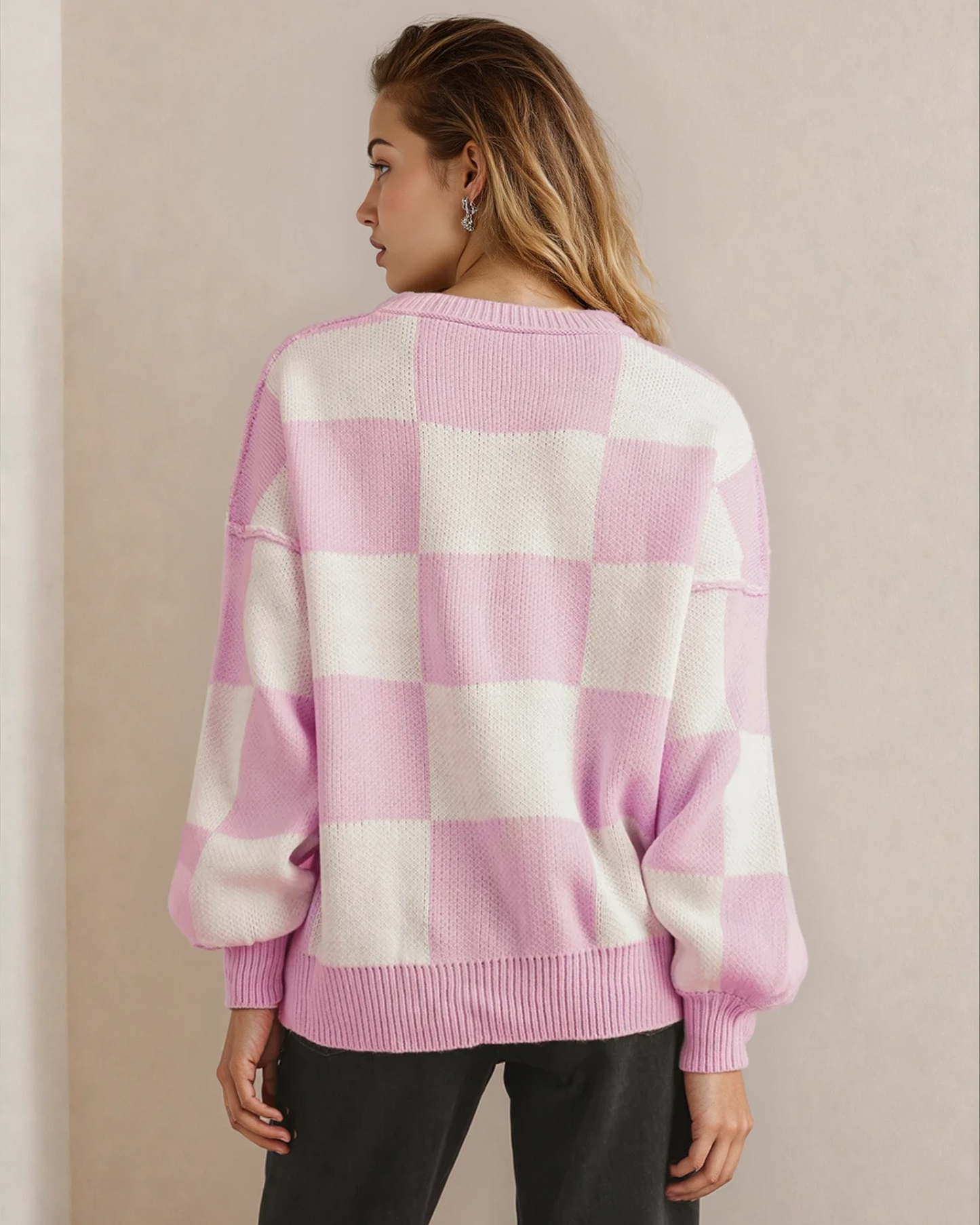 Checkered Crew Neck Sweater - Pink