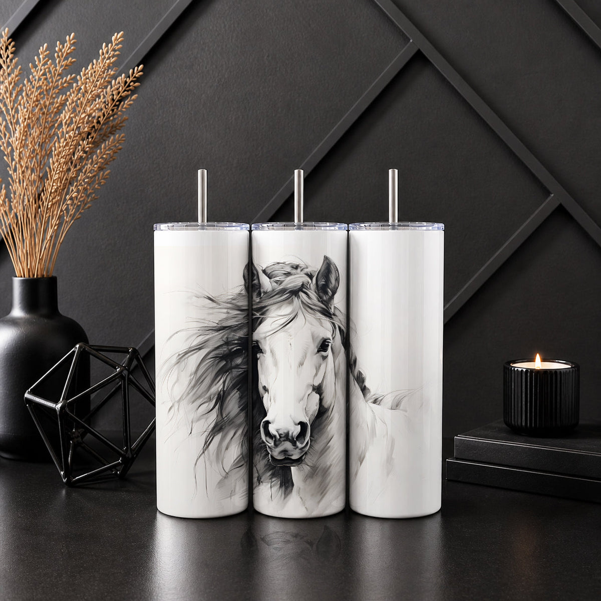 Black & White Horse Panorama Stainless‑Steel Tumbler or Soda Can — Sip Society USA