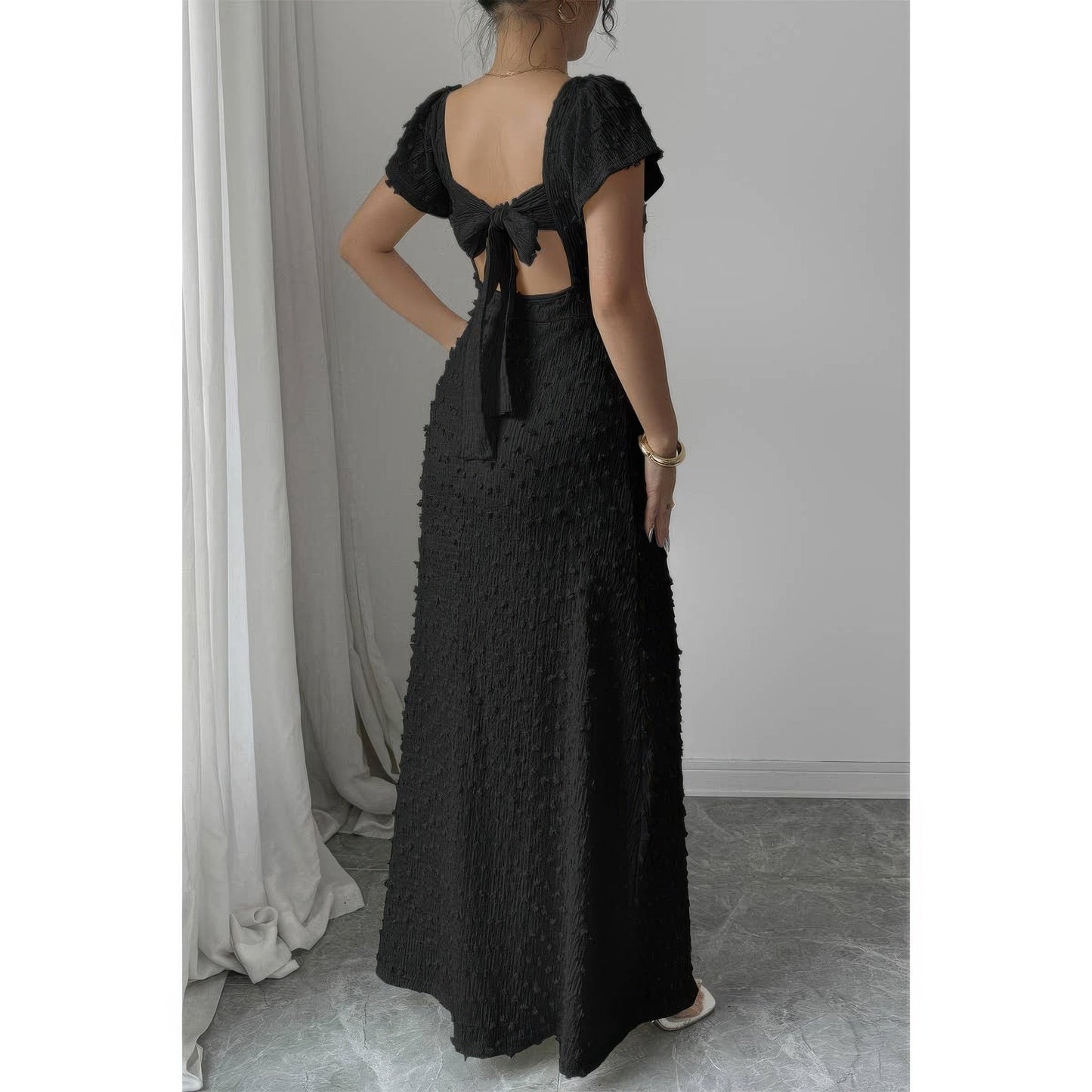 Swiss Dot Lace V Neck A Line Knot Back Dress