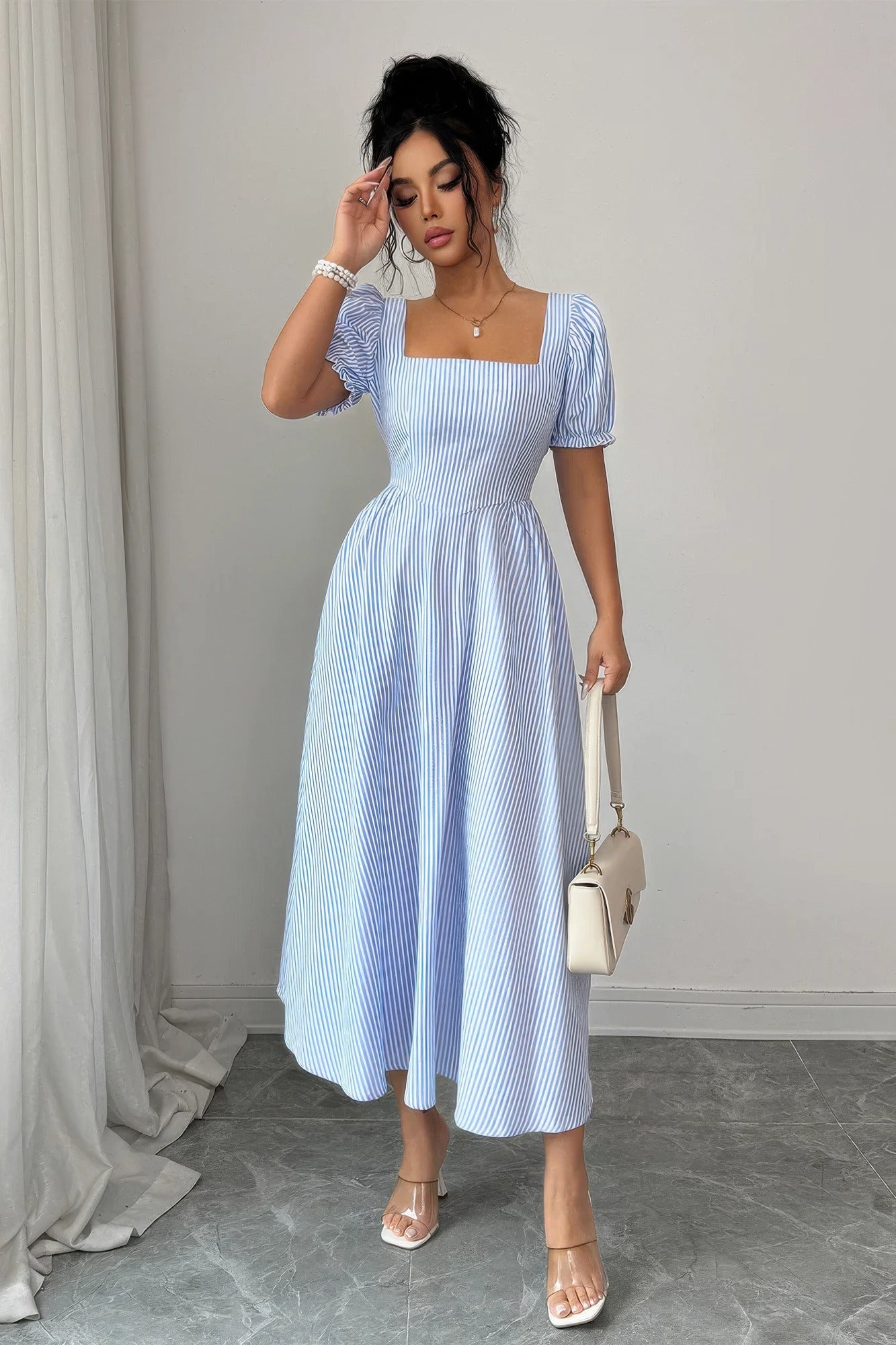Square Neck Puff Sleeve Backless Bow Tied Striped Flowy Dress – Zulily