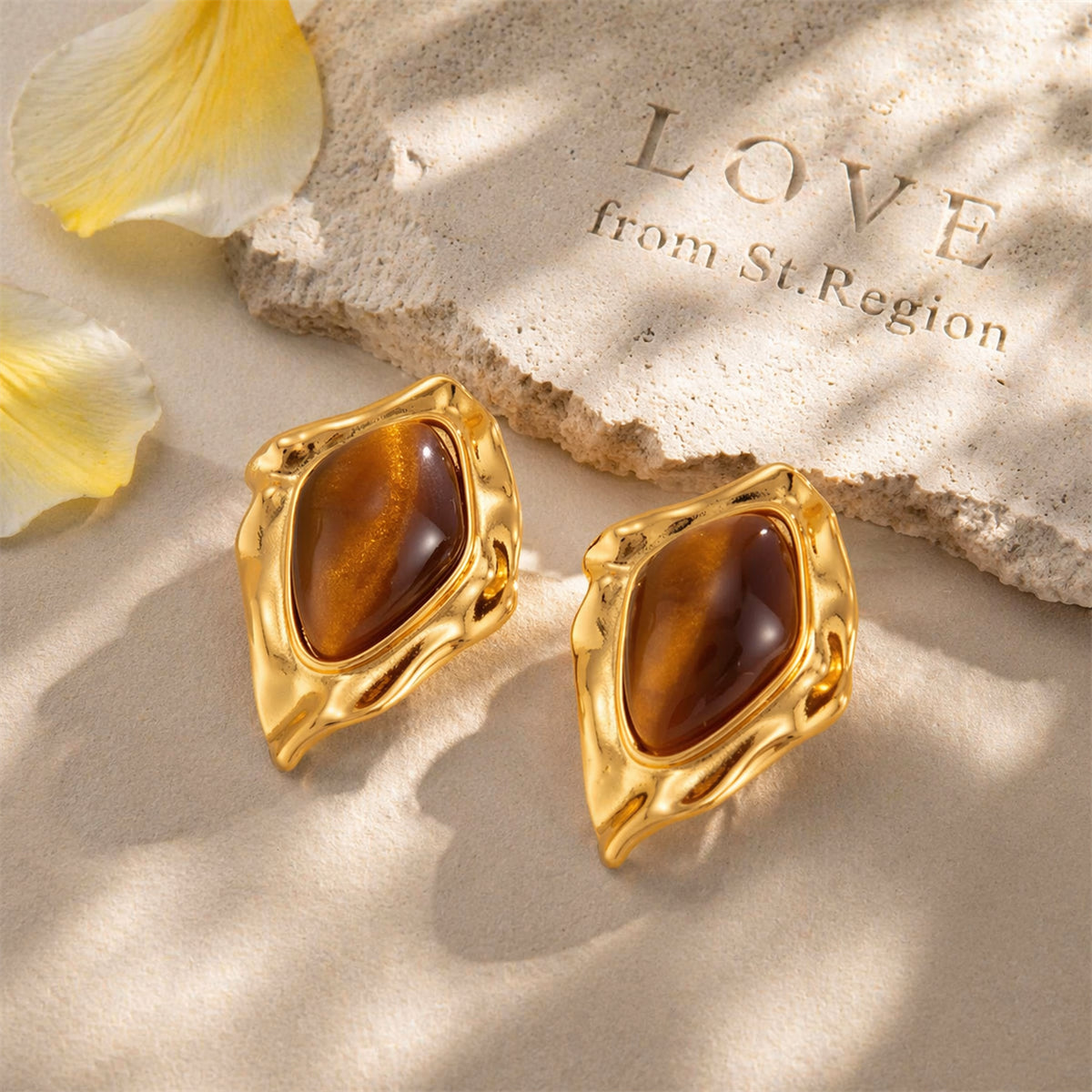 Tiger's Eye & Goldtone Irregular Rhombus Stud Earrings