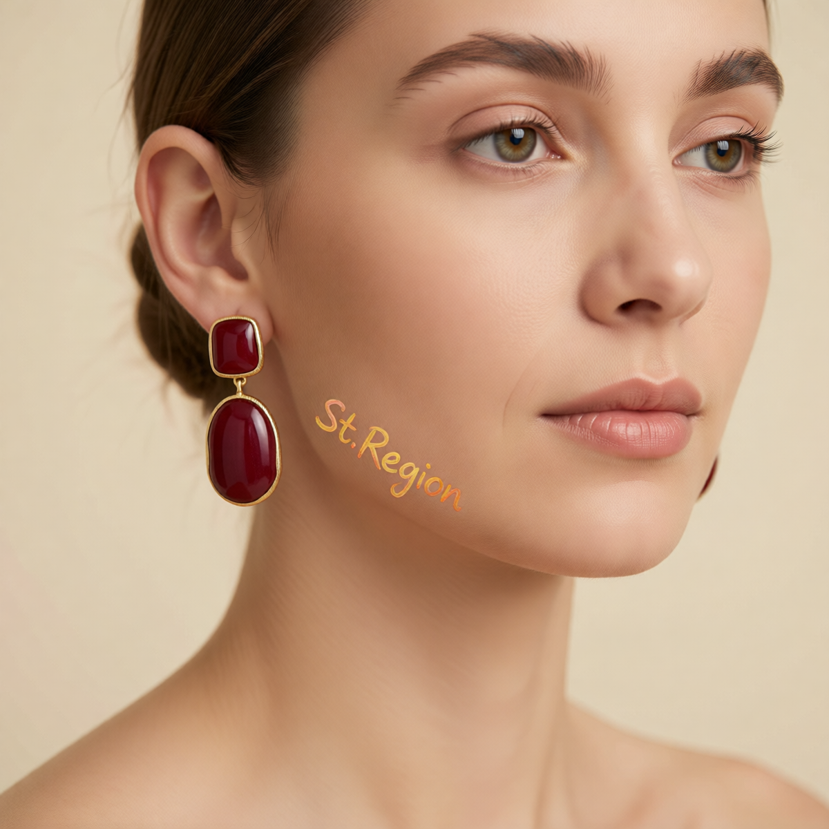 Wine Red Resin & Goldtone Oval Drop Earrings