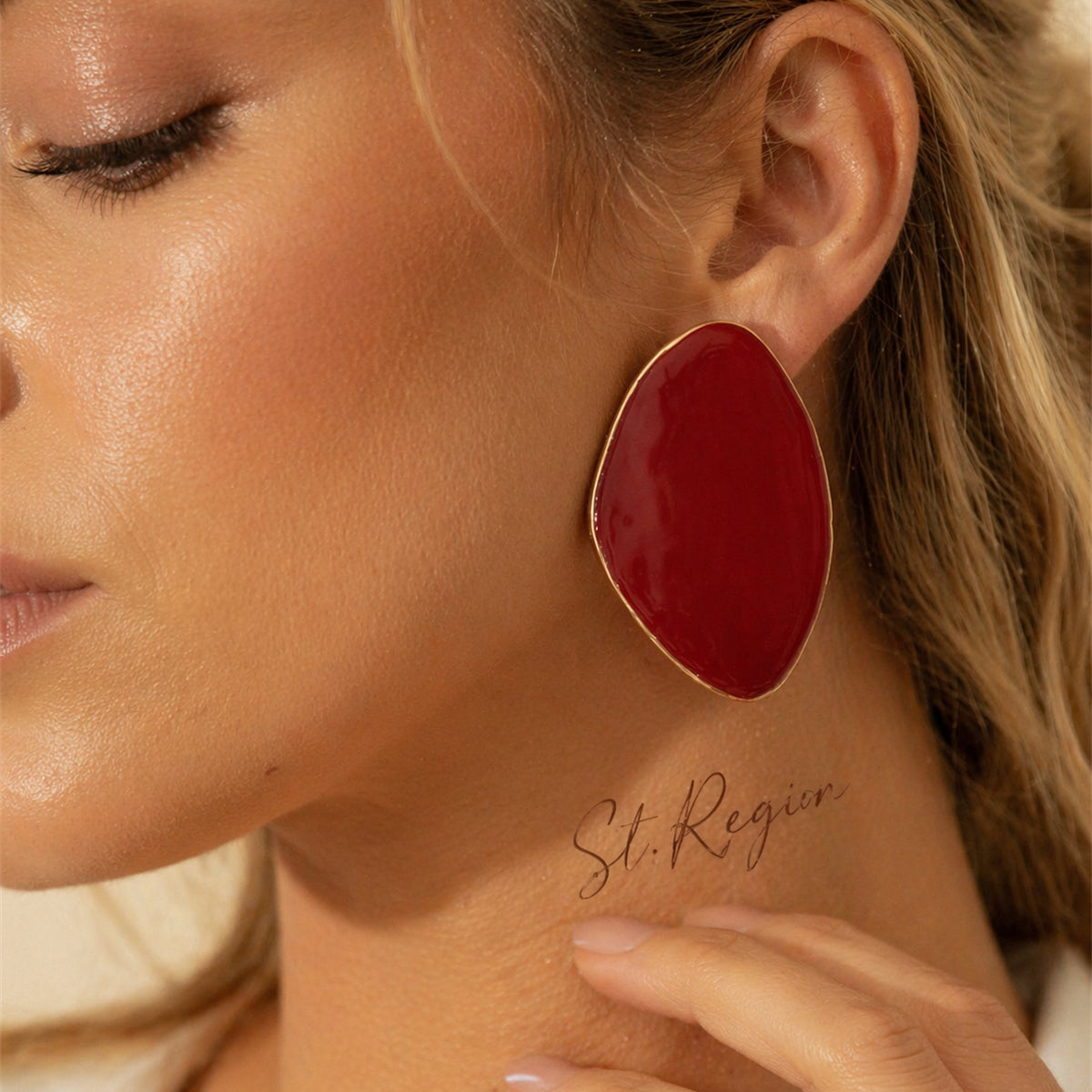Red Enamel & Goldtone Drop Statement Stud Earrings
