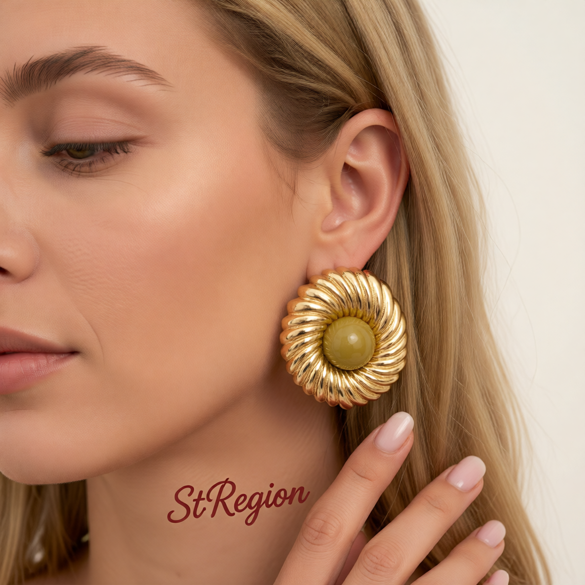 Green Resin & Goldtone Floral Round Stud Earrings