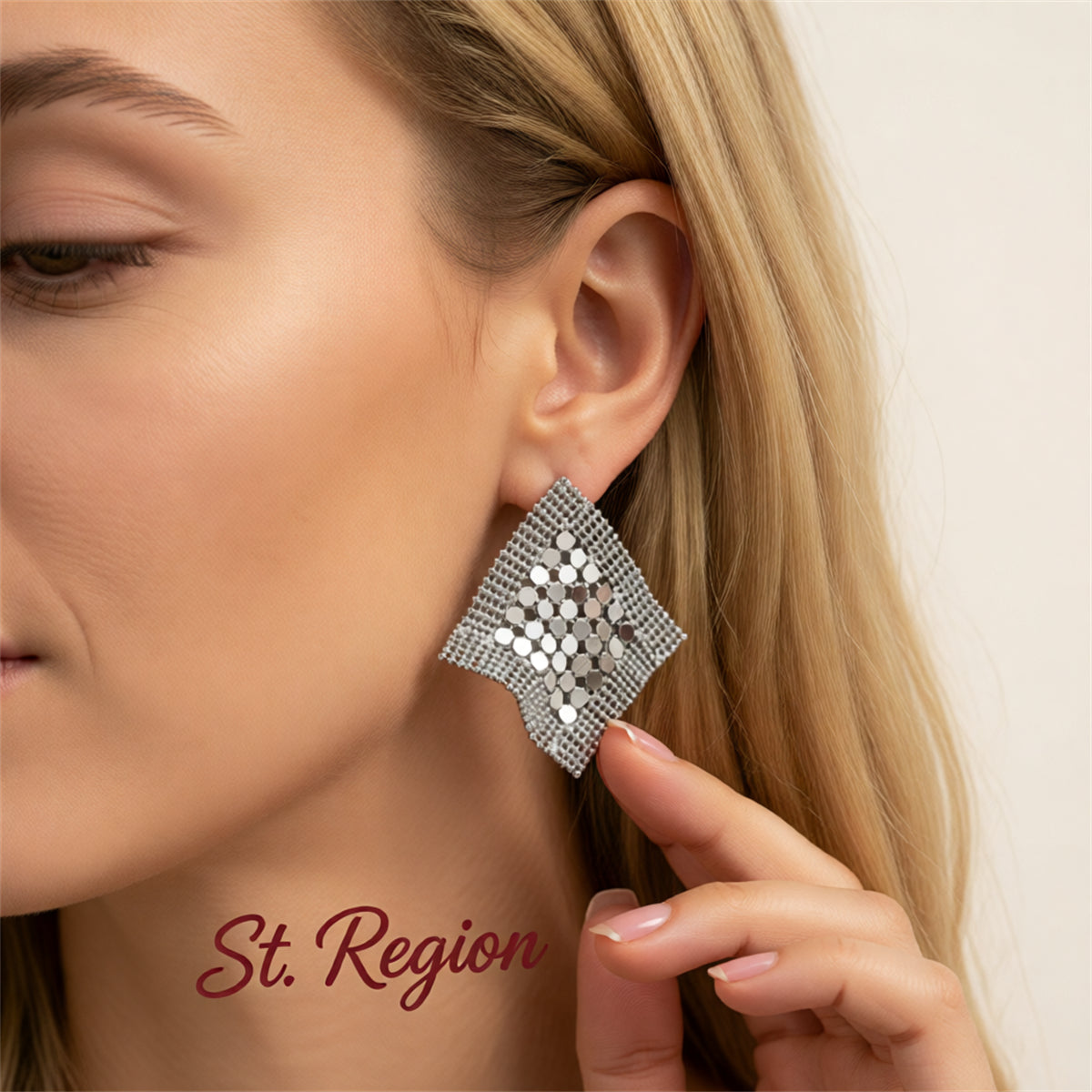 Silvertone Netted Sequins Rhombus Stud Earrings
