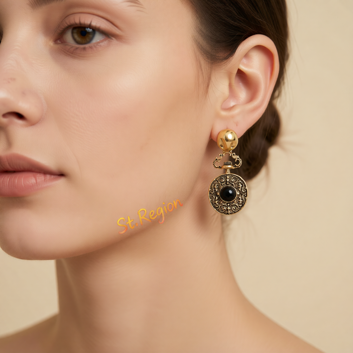 Black Resin & Goldtone Floral Oval Dangle Earrings