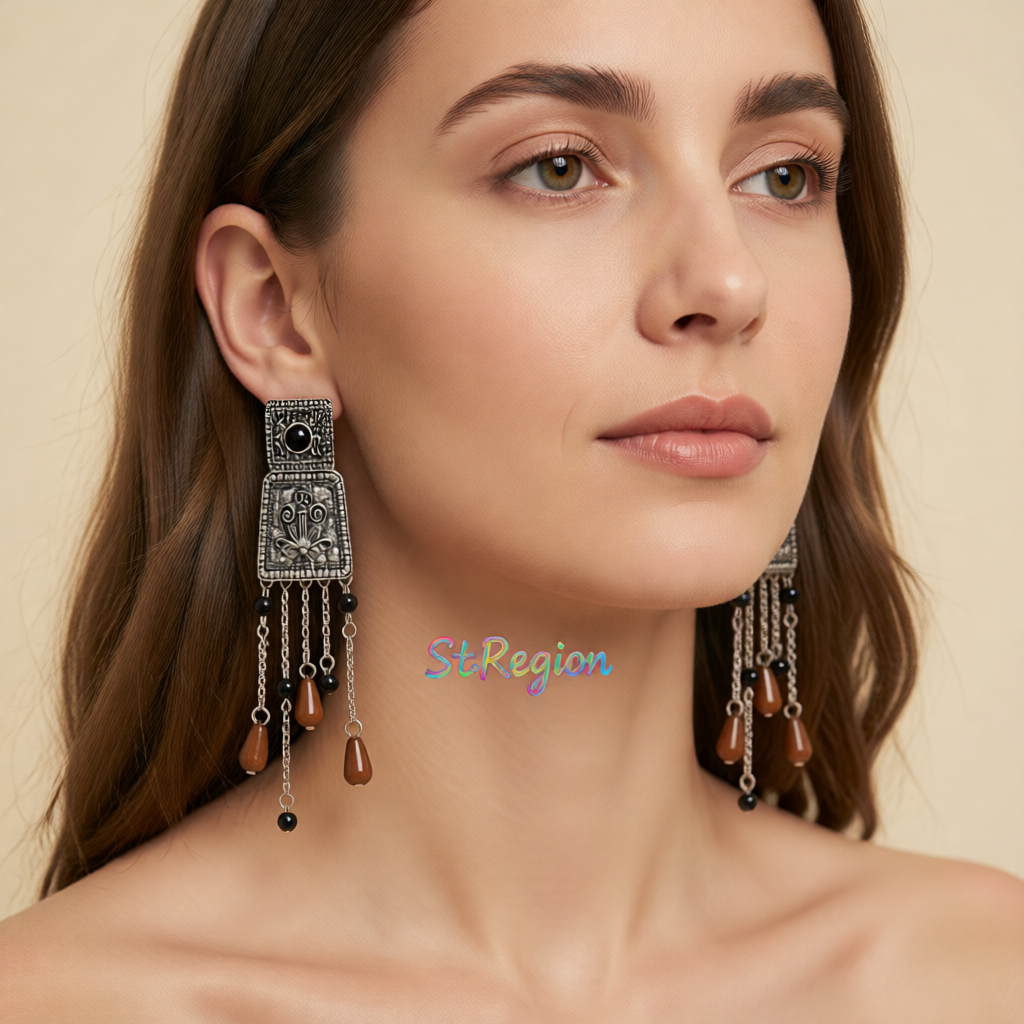 Red Resin & Silvertone Trapezoid Tassel Dangle Earrings
