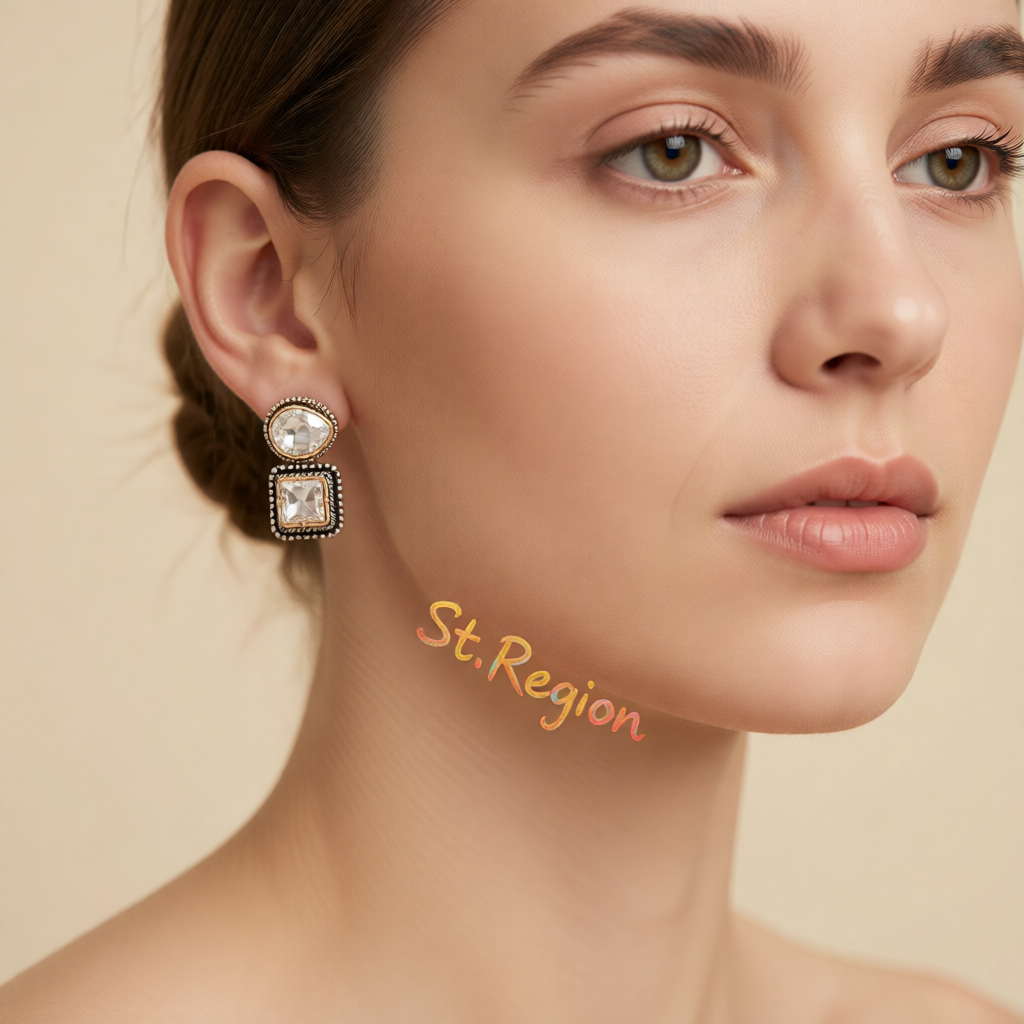 Clear Crystal & Two-Tone Drop Square Dangle Earrings