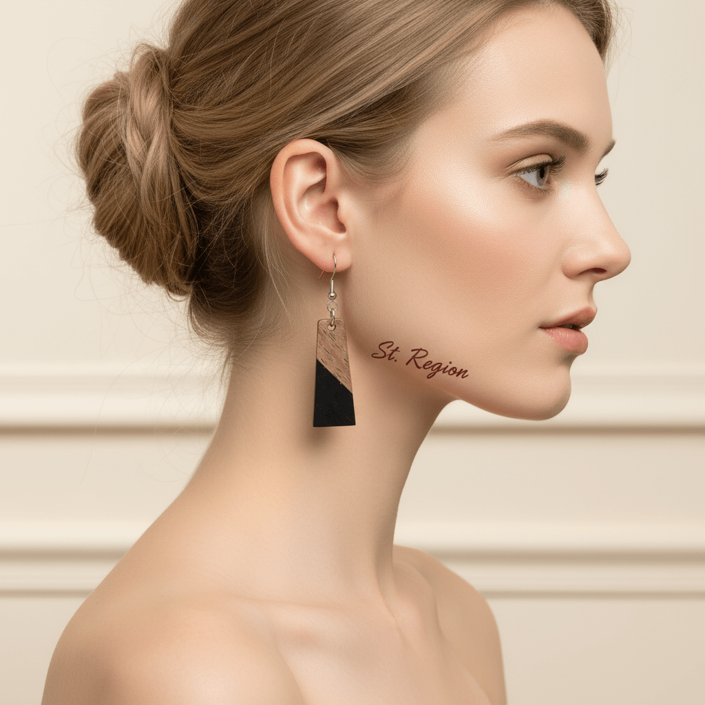 Black Resin & Wood Silvertone Patchwork Trapezoid? Hook Earrings