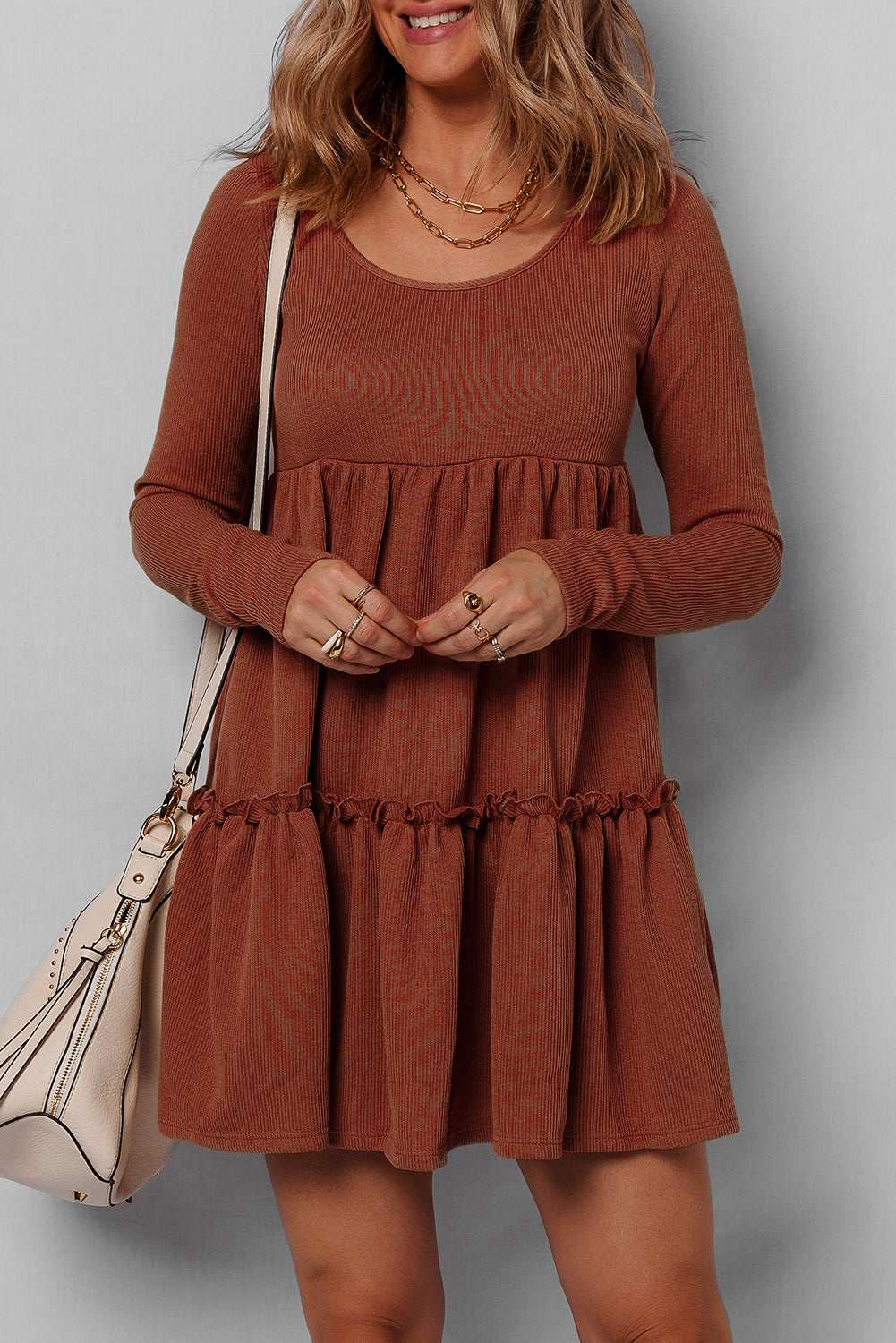 Threaded Pear Everleigh Ribbed Frilled Trim High Waist Dress