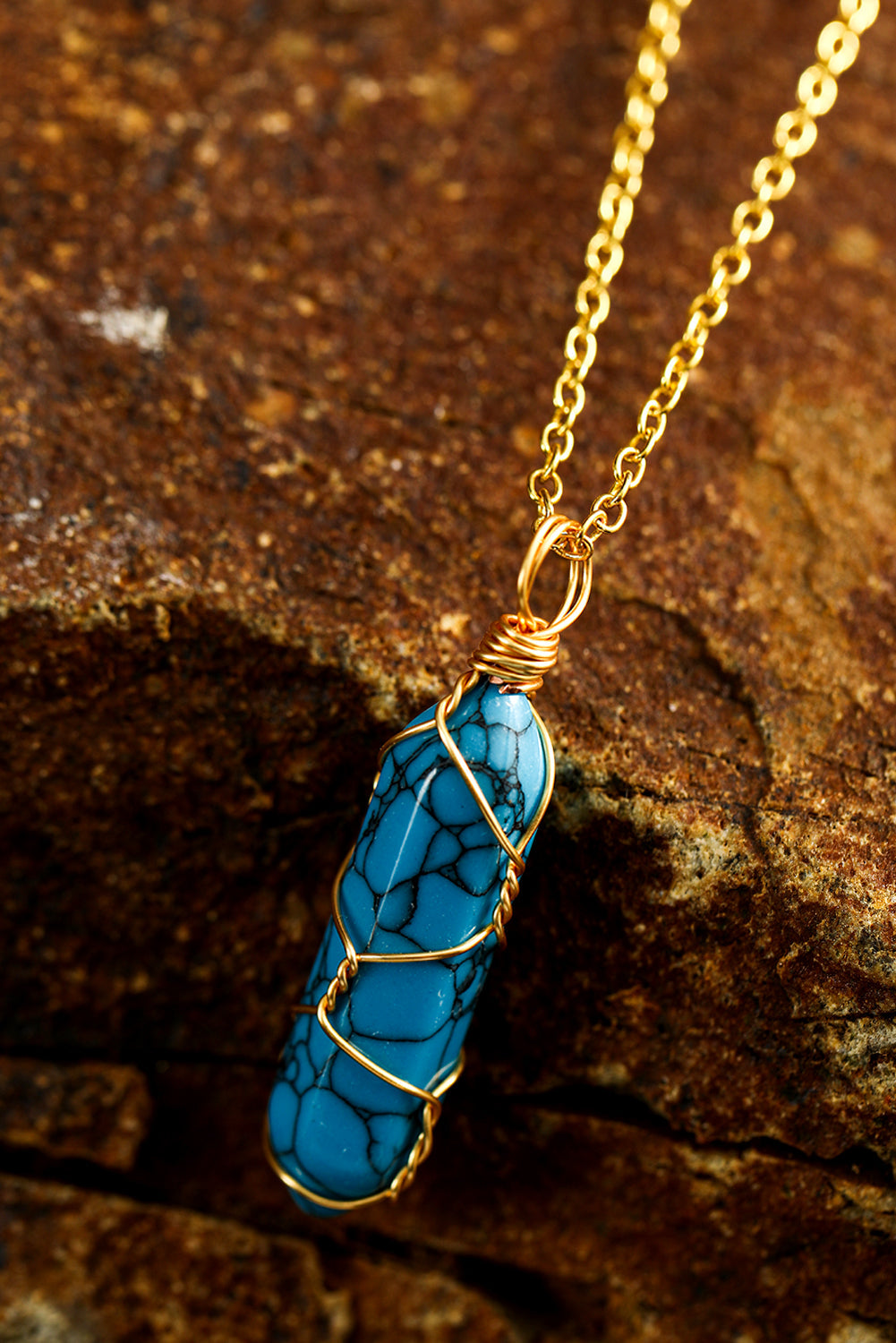 Threaded Pear Blue Gold Wire Wrapped Turquoise Pendant Necklace