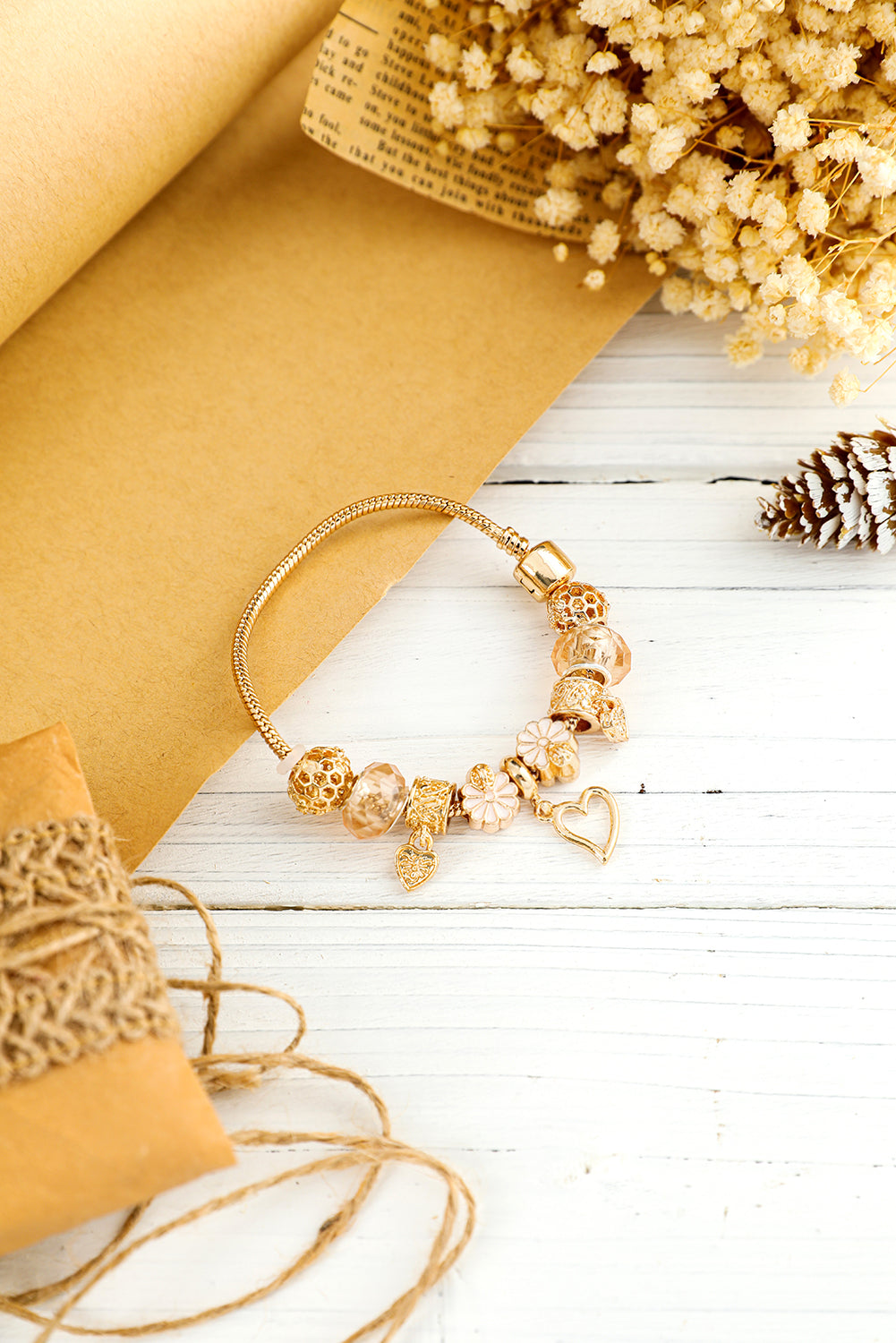 Threaded Pear Gold Flower Heart Charm Plated Alloy Bracelet