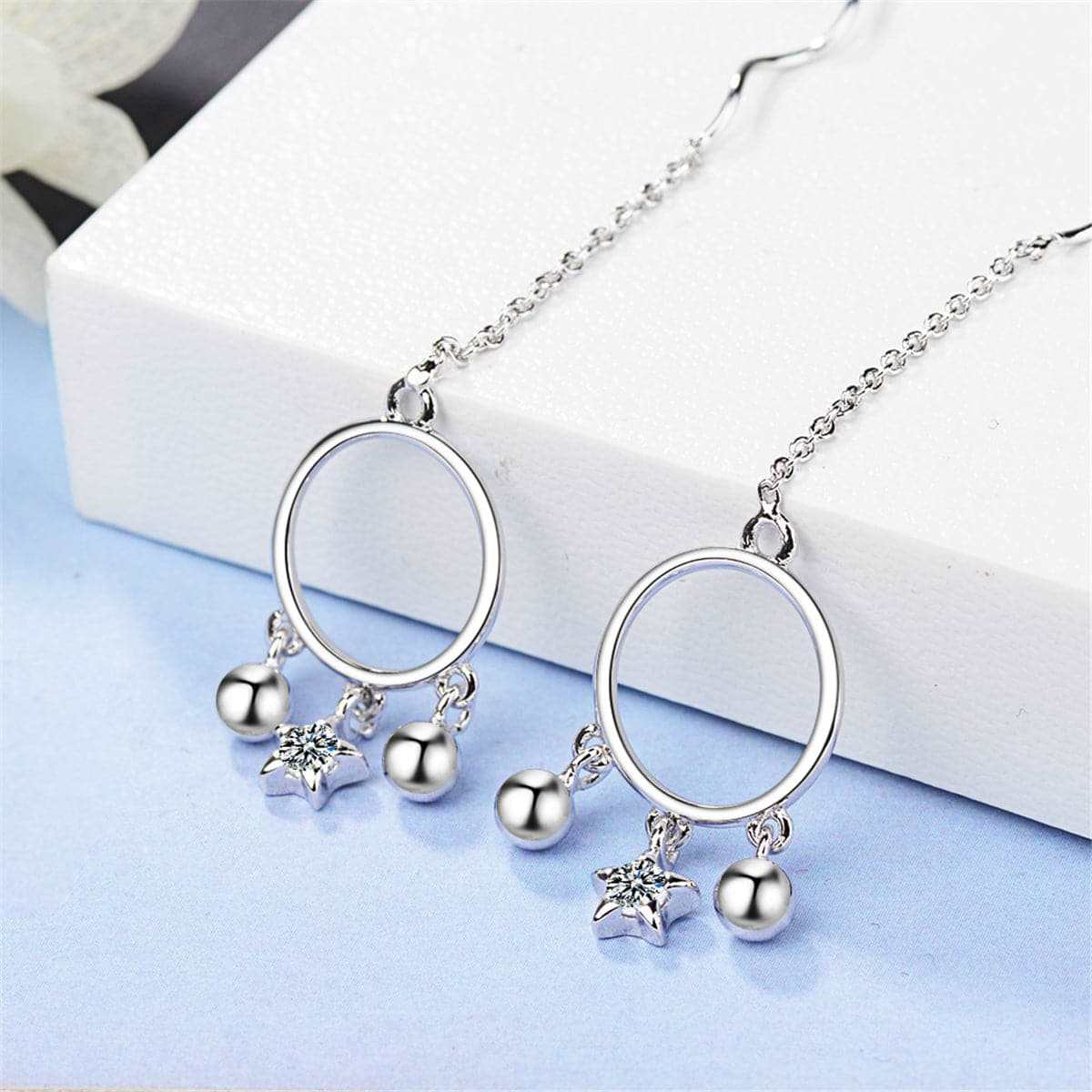 Cubic Zirconia & Silvertone Star & Ball Threader Earrings