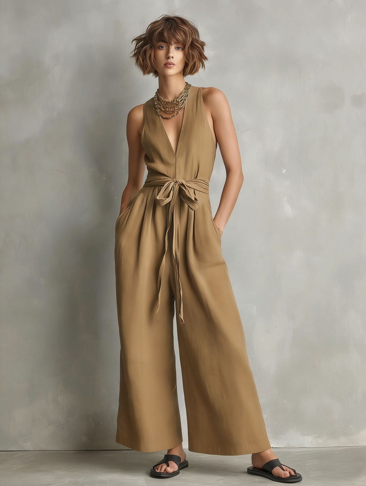 Women's Elegant V-Neck Sleeveless Commuter Jumpsuit