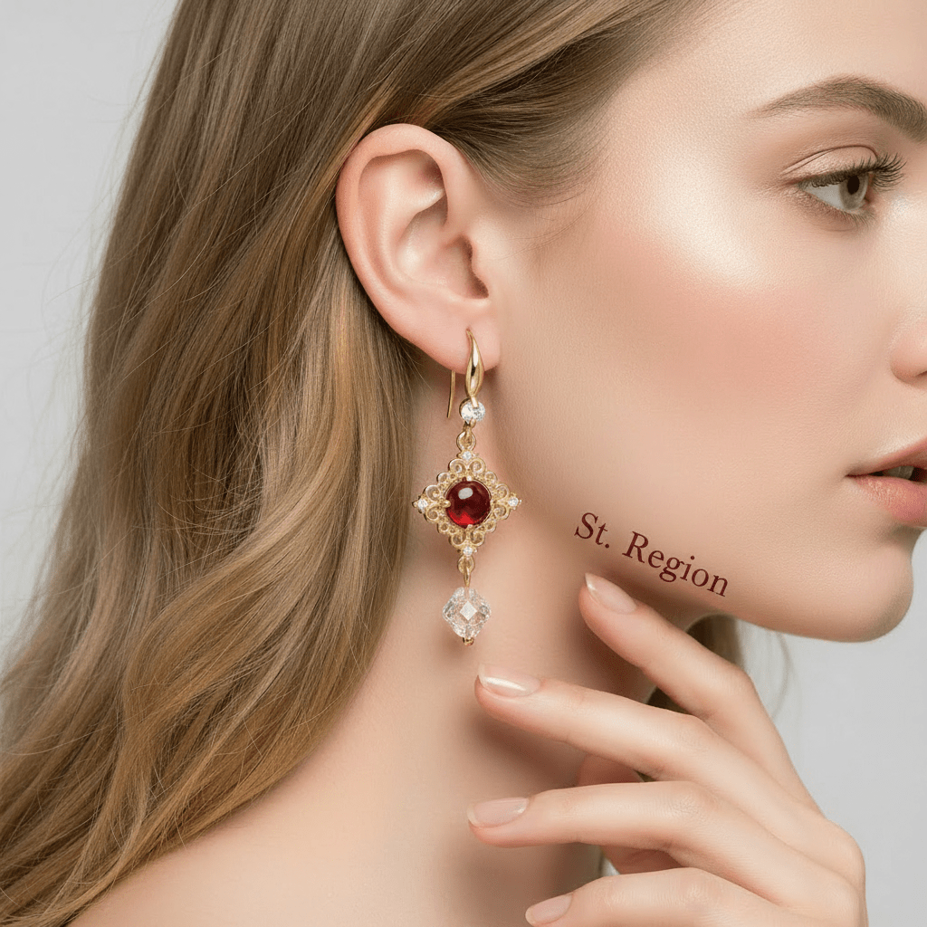 Red Quartz & Crystal Cubic Zirconia Goldtone Rhombus Hook Earrings