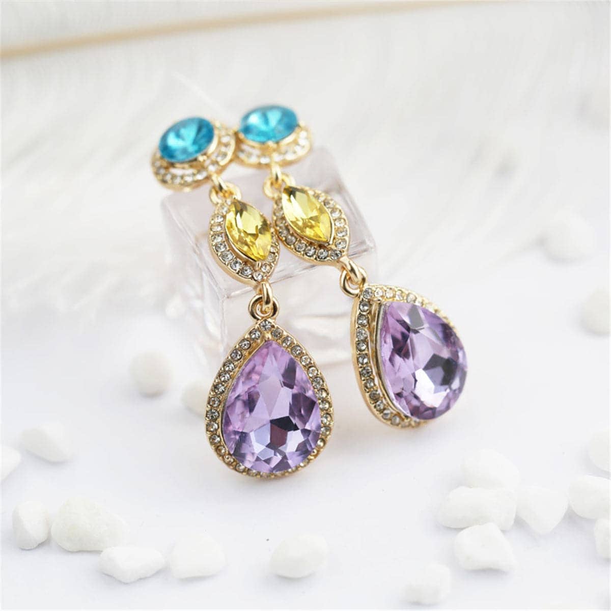 Purple & Blue Crystal Cubic Zirconia Teardrop Earrings