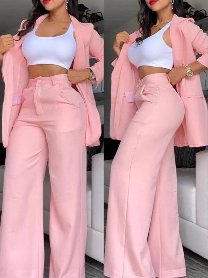 Women's Longline Open-Front Blazer & High-Waist Wide-Leg Trousers Suit Set – 8 Colors