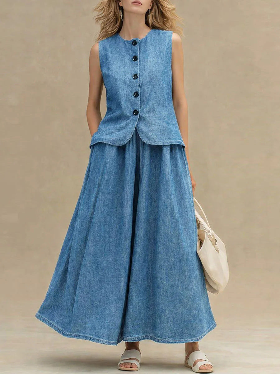 Women’s Crew Neck Denim Top and High-Waist A-Line Skirt Set