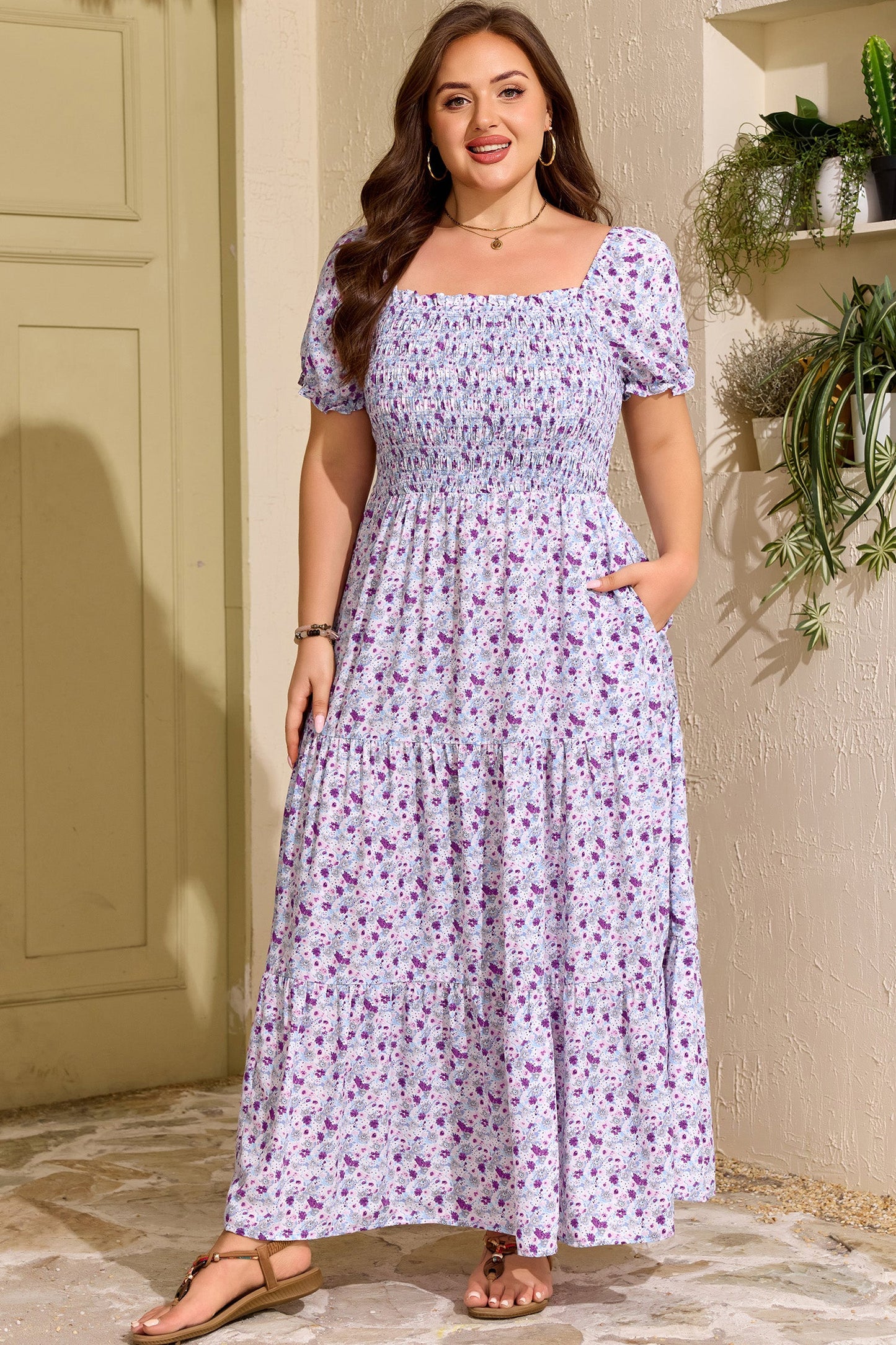 Threaded Pear Kelsey Square Smocked Maxi PLUS Dress