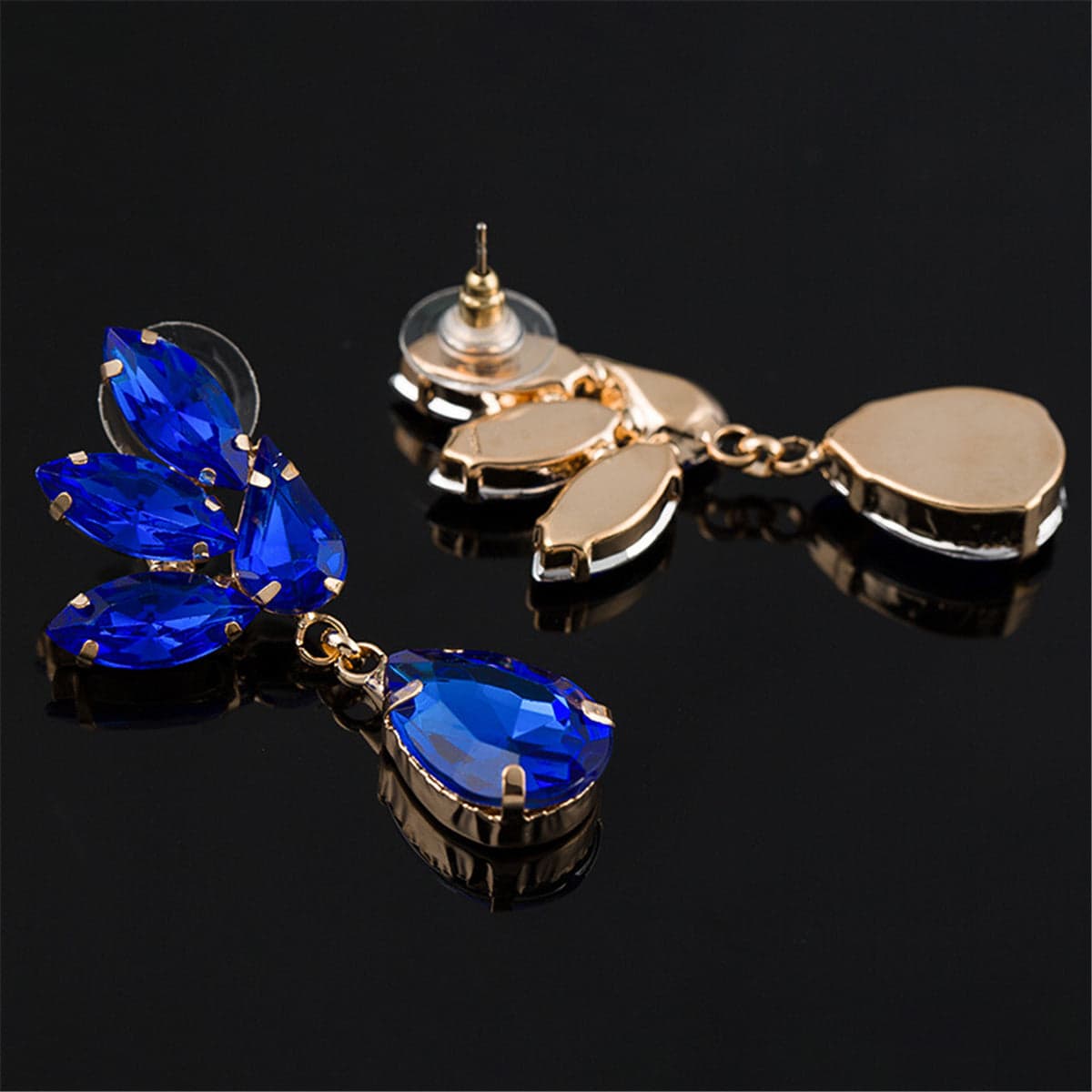 Blue Crystal & Goldtone Marquise Pear Drop Earrings
