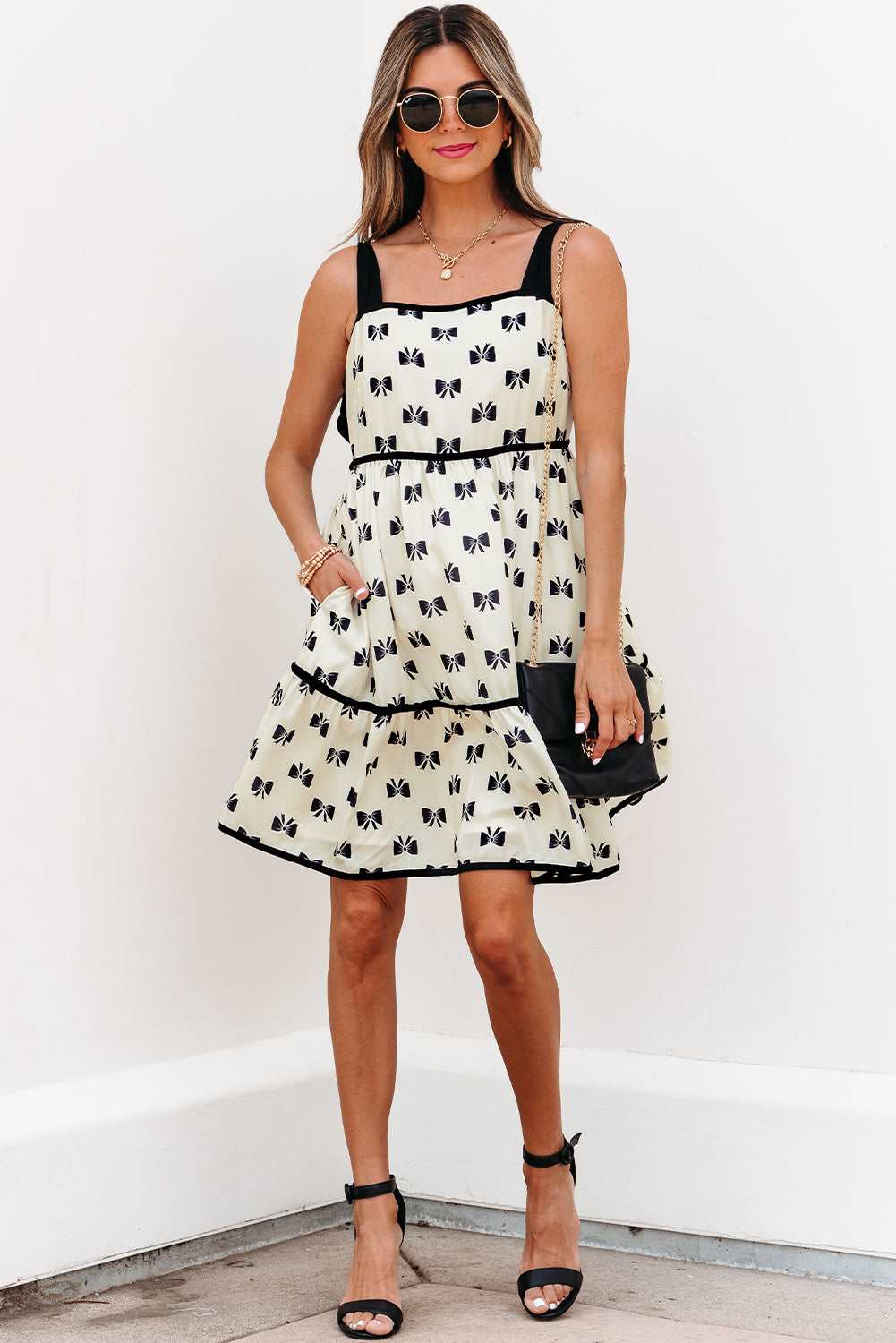 Threaded Pear Pagie Bow Knot Shoulder Mini Dress