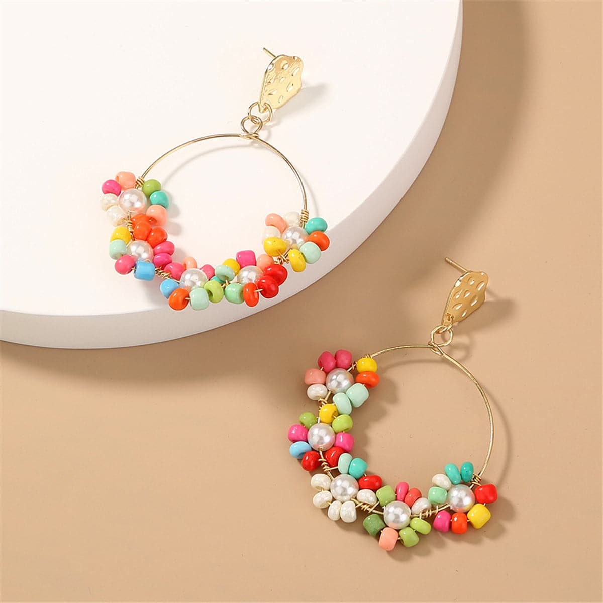 Teal Howlite & Pearl Goldtone Hoop Earrings