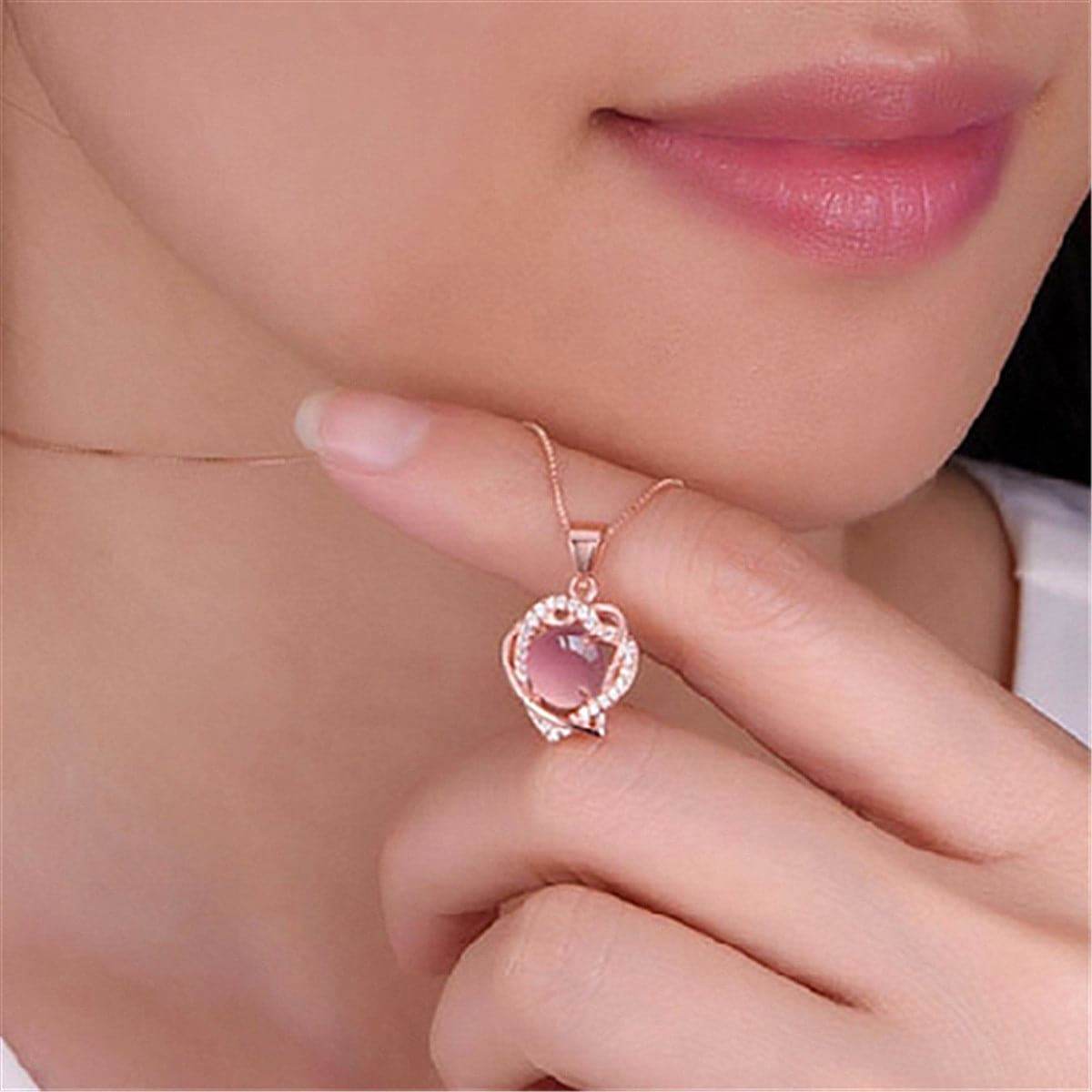 Pink Ross Quartz & Rose Goldtone Heart Pendant Necklace