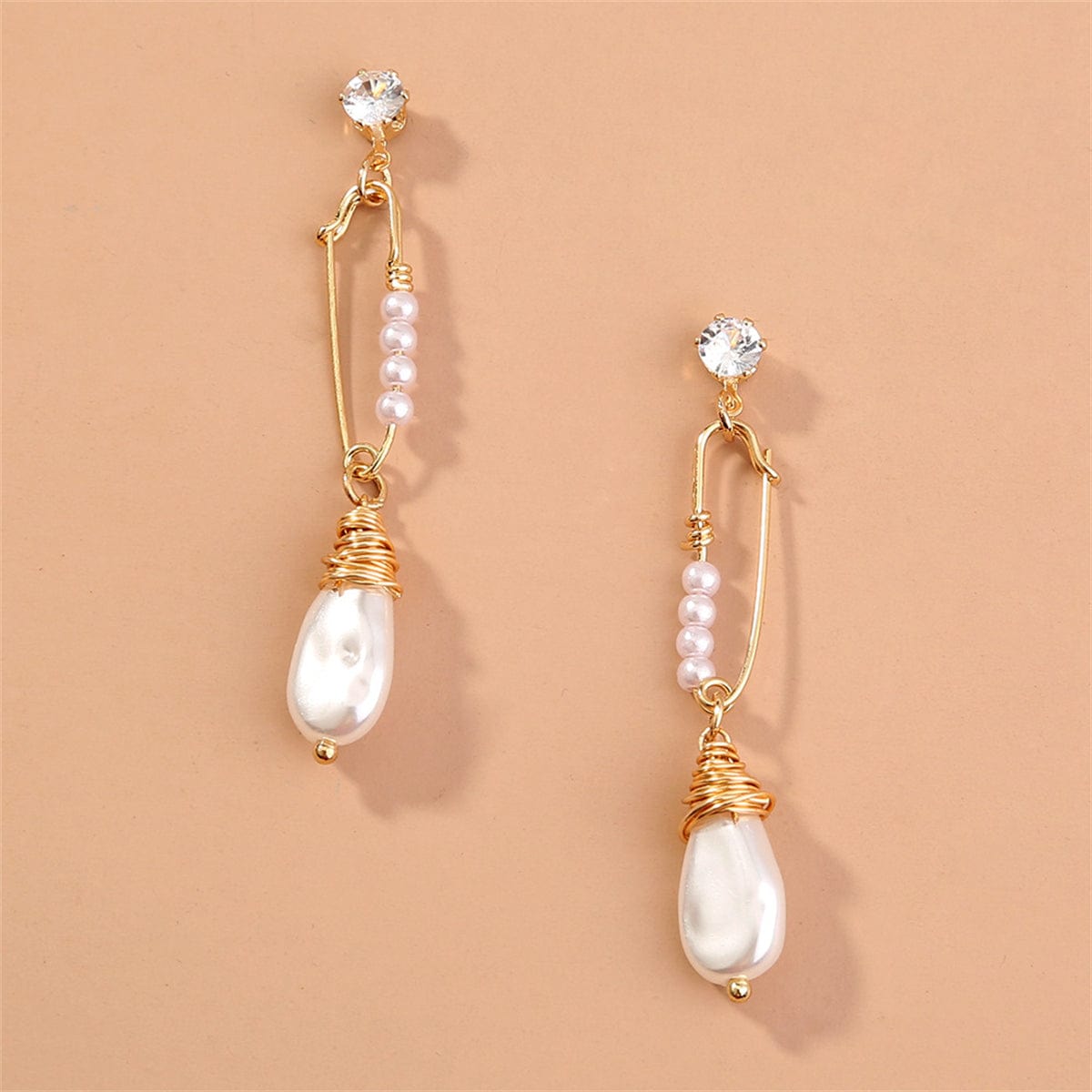 Cubic Zirconia & Pearl Goldtone Safety Pin Drop Earrings