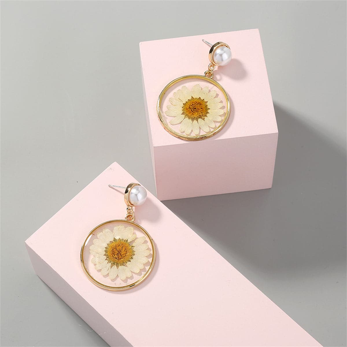 Pearl & Goldtone Resin Mum Drop Earrings