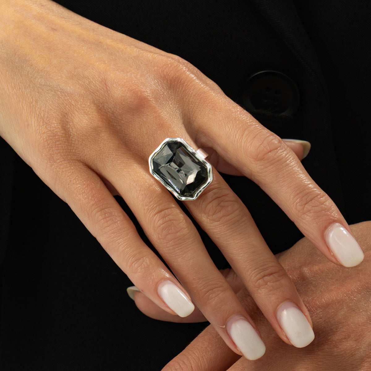 Gray Crystal & Silvertone Radiant Open Ring