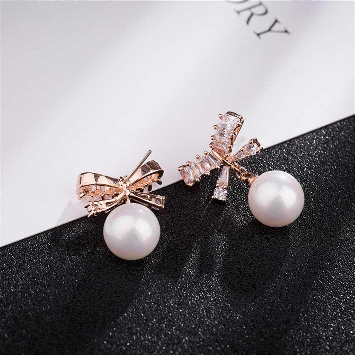 Cubic Zirconia & Pearl Rose Goldtone Bow Drop Earrings