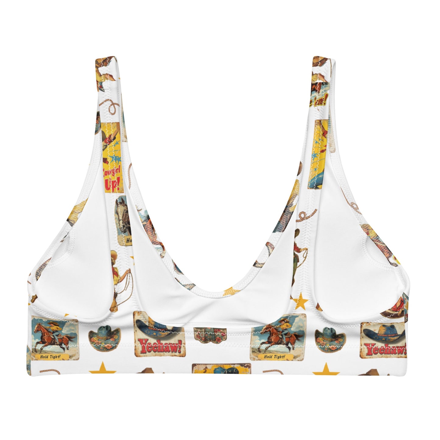 Baha Ranch Yeehaw Vintage Cowgirl Collage White Bikini Top