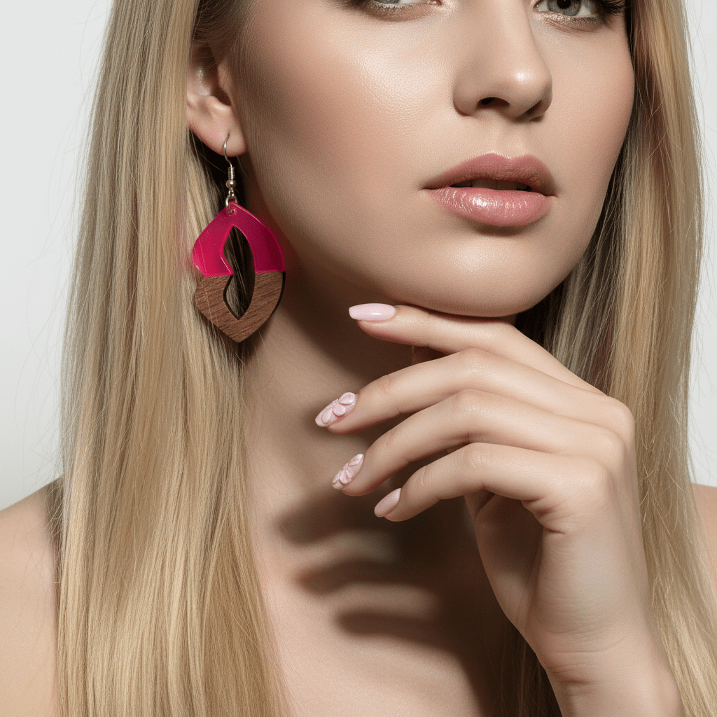 Rose Resin & Wood Silvertone Lips Hook Earrings