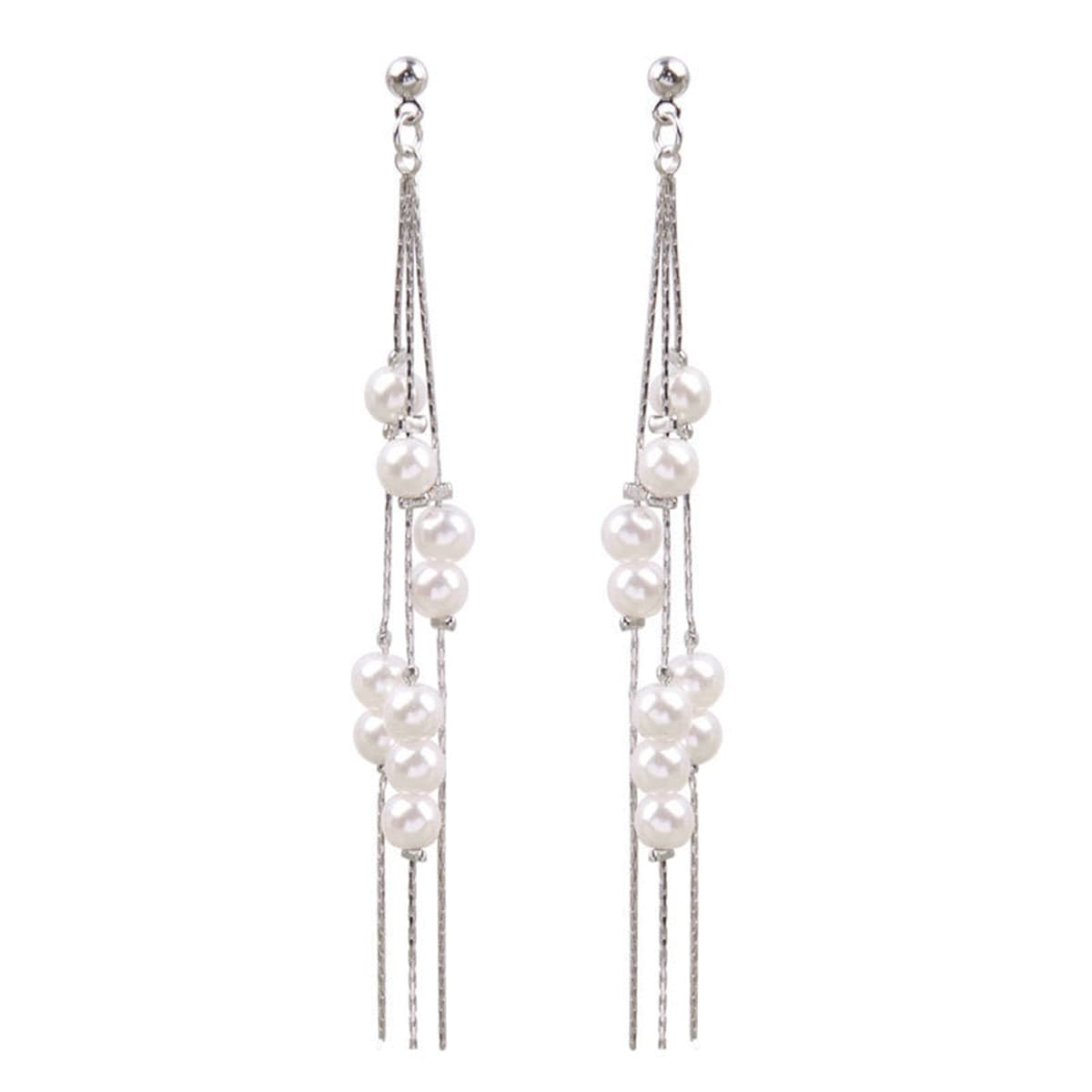 Pearl & Silvertone Cluster Tassel Dangle Earrings