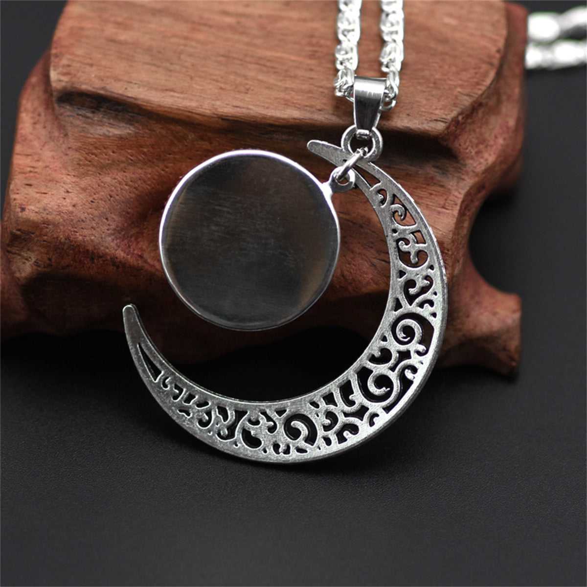 Purple Pressed Flower & Silvertone Filigree Moon Pendant Necklace
