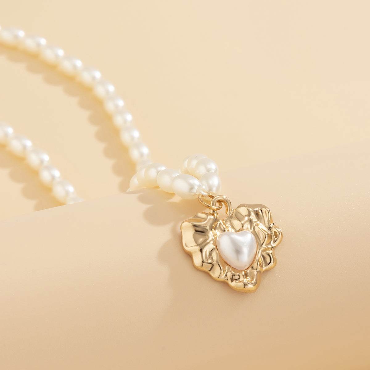 Pearl & Goldtone Wrinkled Heart Pendant Necklace