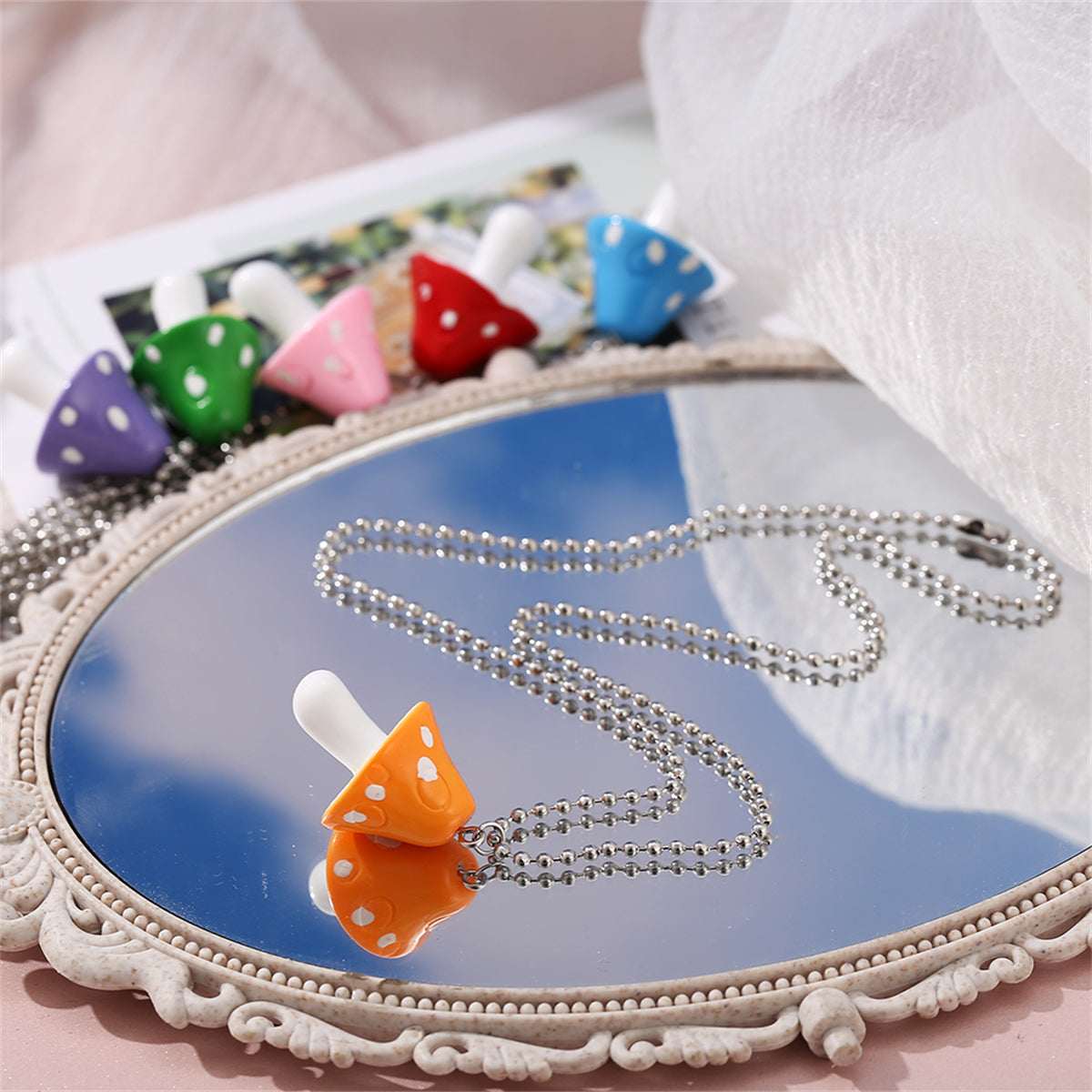 Orange Resin & Silvertone Ball Chain Mushroom Pendant Necklace