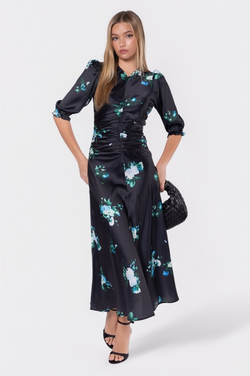 Audrey Dress Short Sleeve (Dark Green Flower)